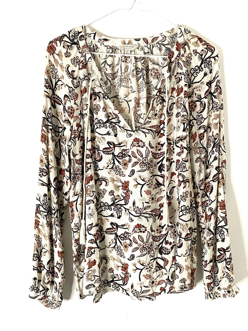 Lucky Brand Floral Paisley Peasant Blouse Tassel Tie Long Sleeve Boho